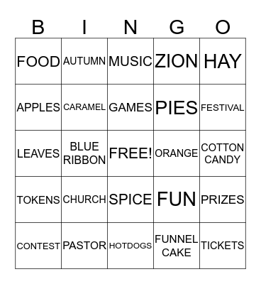 ZION CHRISTIAN CHURCH FALL FESTIVAL Bingo Card