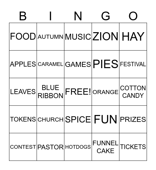 ZION CHRISTIAN CHURCH FALL FESTIVAL Bingo Card