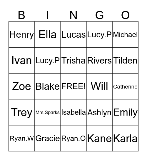 Mrs.Sparks Class Bingo Card