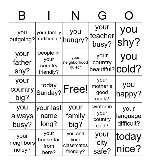Is/Are Questions 1/22/18 Bingo Card