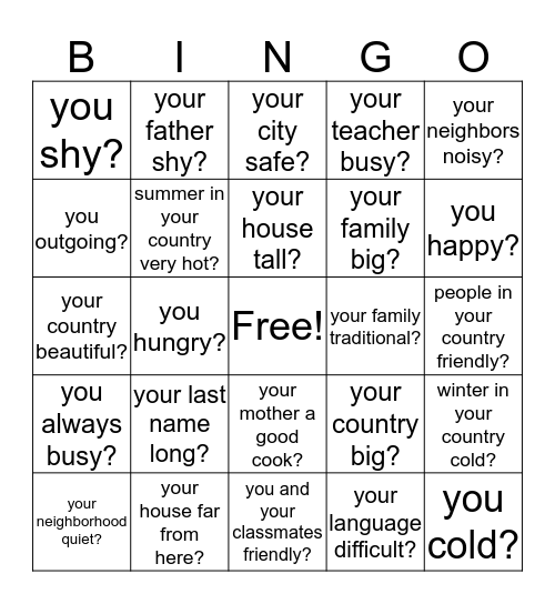 Is/Are Questions  Bingo Card