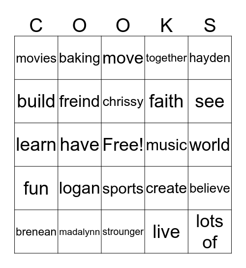 cook bingo games Bingo Card