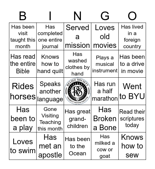 Releif Society Mingle Bingo Card