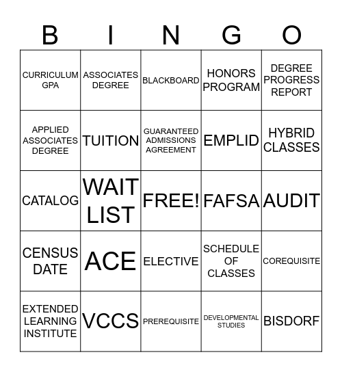 College Terminology Bingo Card