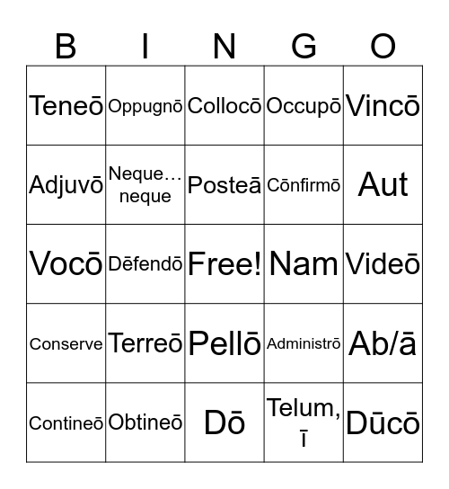 Latin Bingo Card