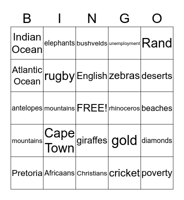 South Africa Bingo Card