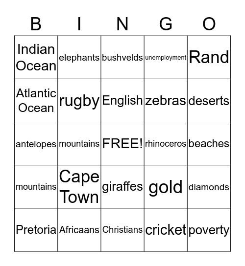 South Africa Bingo Card