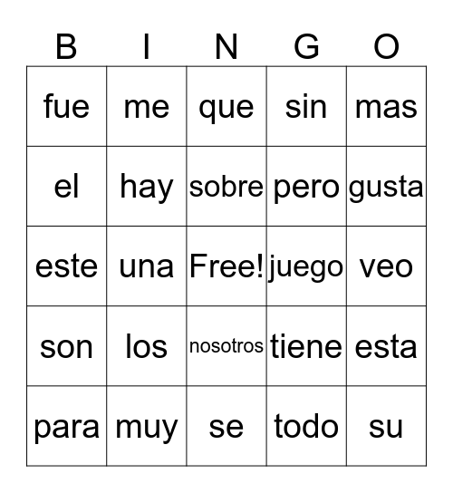 palabra de uso frecuente Bingo Card