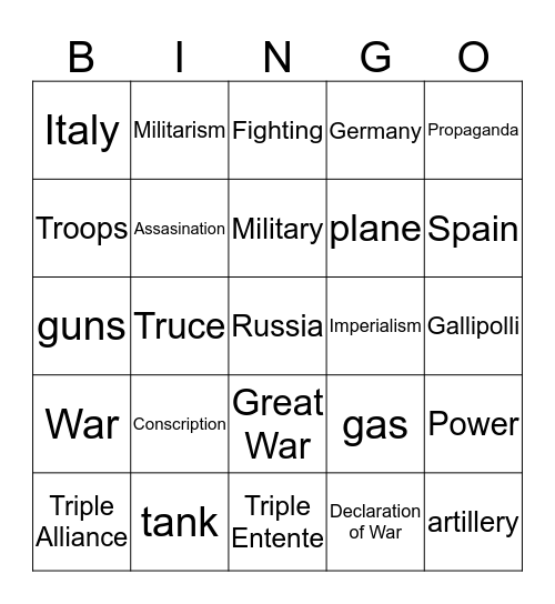 World War 1 Bingo Card