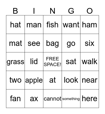Wordlist 1, 2, & 3 Bingo Card