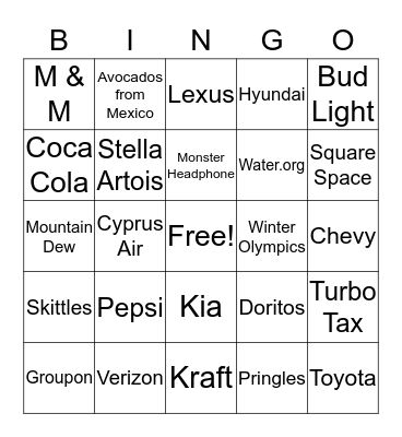 2018 Big Game Commericial Bingo Card