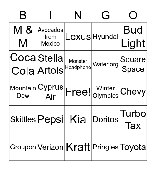 2018 Big Game Commericial Bingo Card