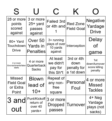 Sucko! Bingo Card