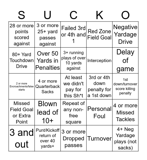 Sucko! Bingo Card
