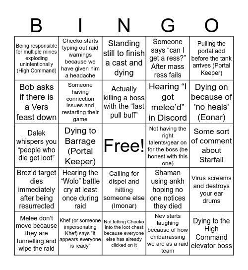 Sadistic Raid Bingo Card