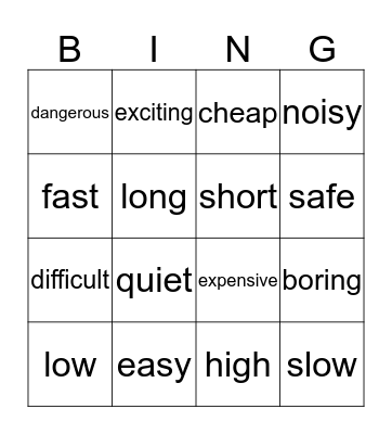 Opposites Bingo Card