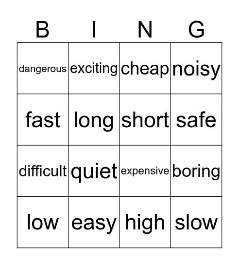 Opposites Bingo Card