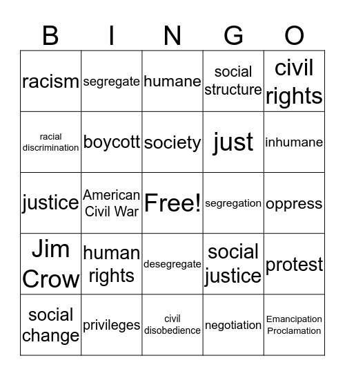 Social Justice Vocabulary Unit #1 Bingo Card