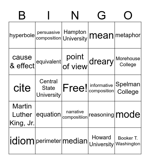 Math,Challenge, HBCU's #3 Bingo Card