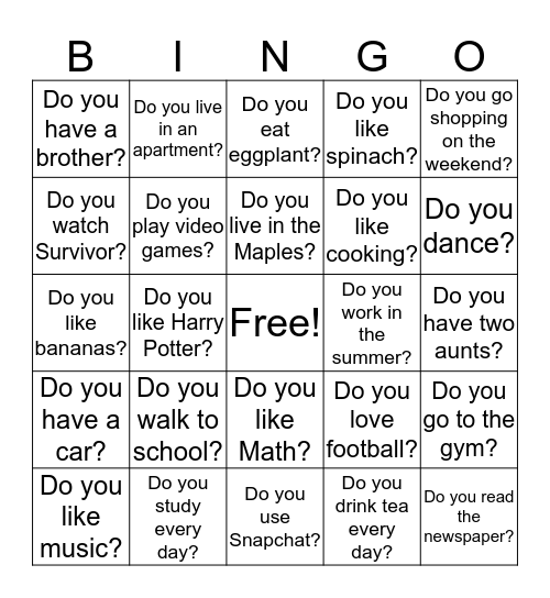 Present Simple Bingo Card