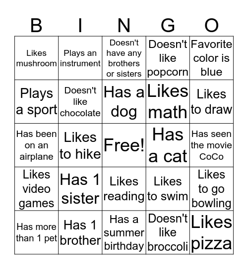 Kid Talk Bingo Card