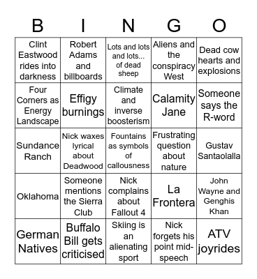 American West in the 20th Century: Bingo Card