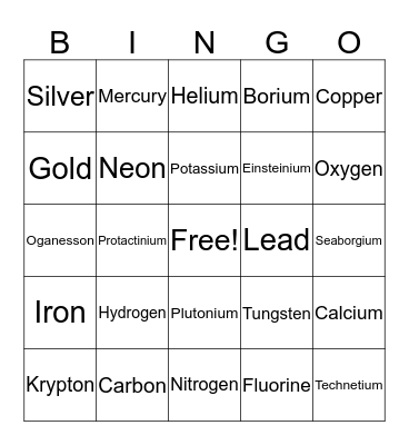 Periodic Table Elements Bingo Card