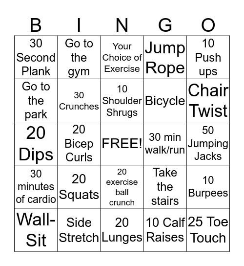 Fitness Bingo Card