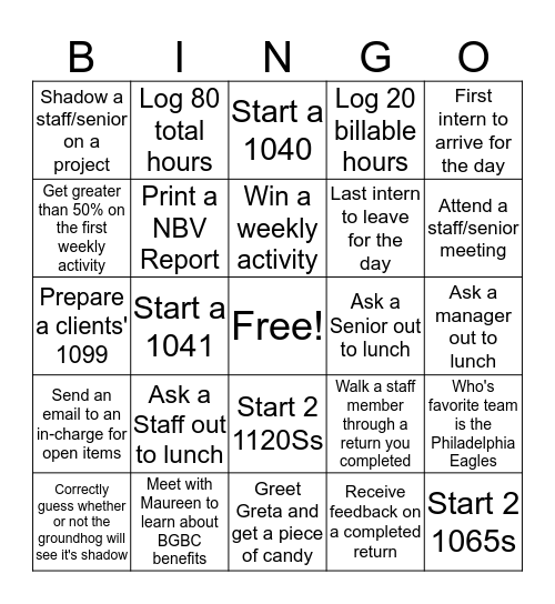 January 22nd - February 2nd Bingo Card