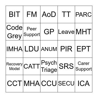 Eastern Health Bingo Card