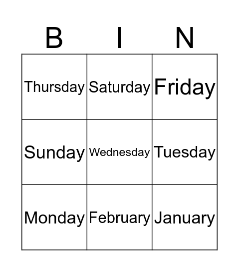 Days of the Week Bingo Card