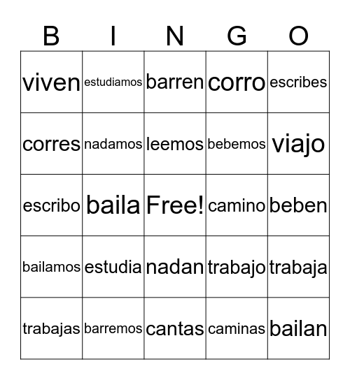 PRESENT TENSE CONJUGATION Bingo Card