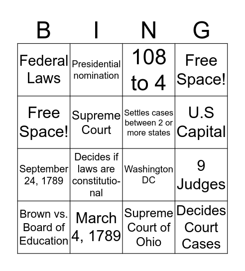 Judicial Branch Bingo Card