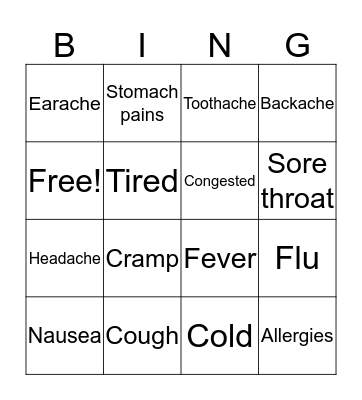 Health & Sickness Bingo Card