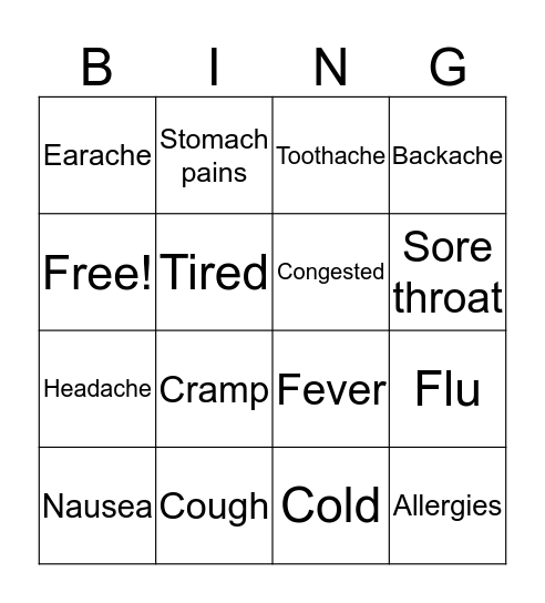 Health & Sickness Bingo Card