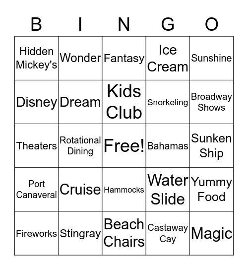 Disney Cruise  Bingo Card