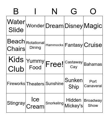 Disney Cruise  Bingo Card