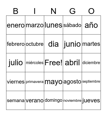 Months/Days Vocabulary Bingo Card