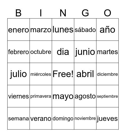 Months/Days Vocabulary Bingo Card