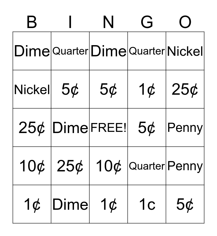 Learning Coins!!! Bingo Card