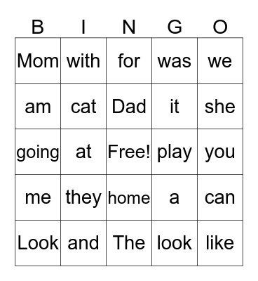Sight Word BINGO Card