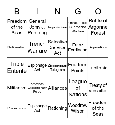 World War I Bingo Card