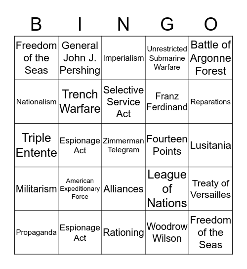 World War I Bingo Card