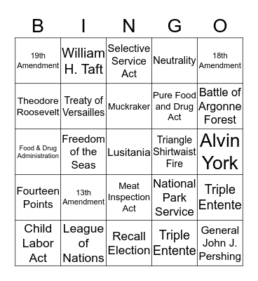 World War I & Progressive Era Bingo Card
