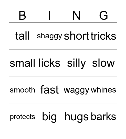 My Dog's the Best! Descriptive words and verbs Bingo Card