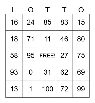 Les Nombres 1-100 Bingo Card