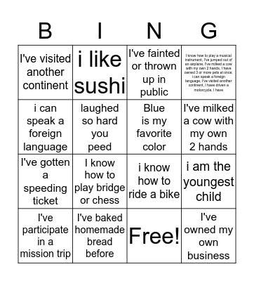 life experience bingo Card