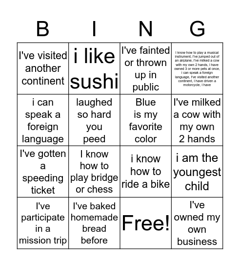 life experience bingo Card