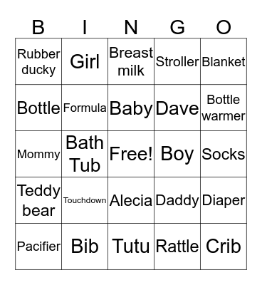 Alecia's Baby Shower Bingo Card