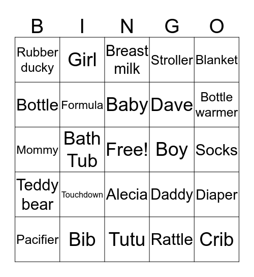 Alecia's Baby Shower Bingo Card